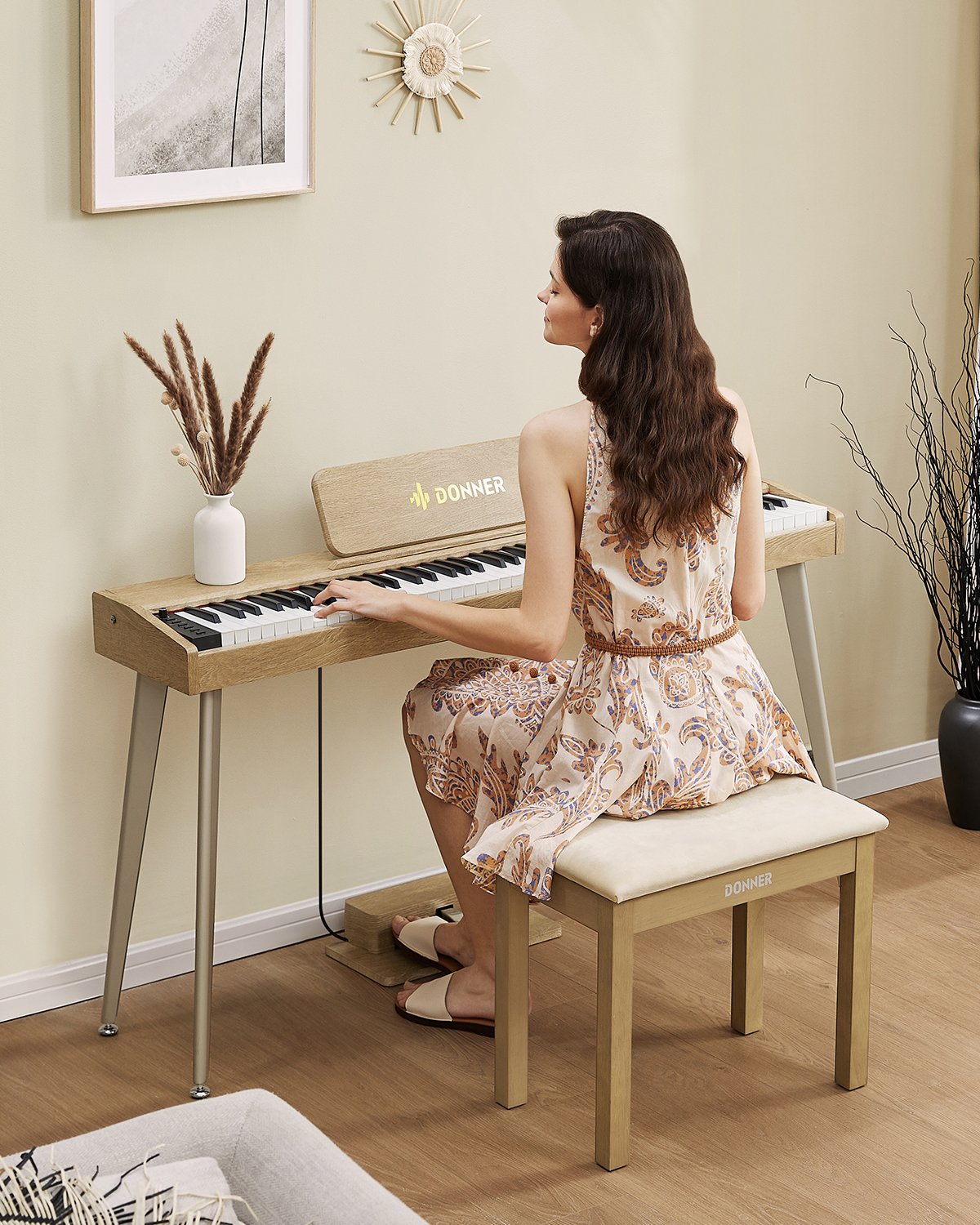 Donner Solid Wood Piano Bench 舒適絨布坐墊